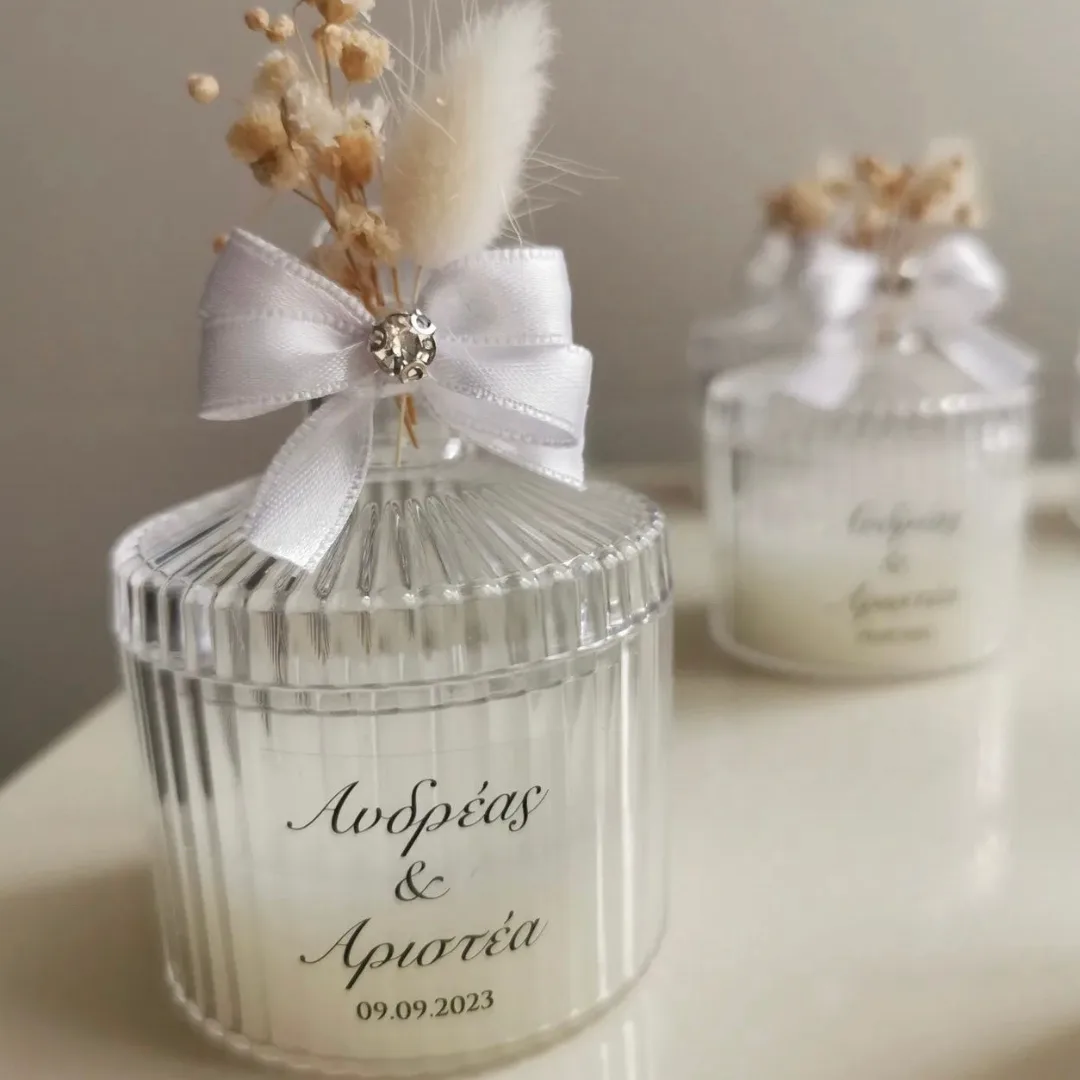 Rustic Romance – Μπομπονιέρα Κερί σε Ακρυλικό Βάζο με Pampa Grass & Προσωποποίηση
