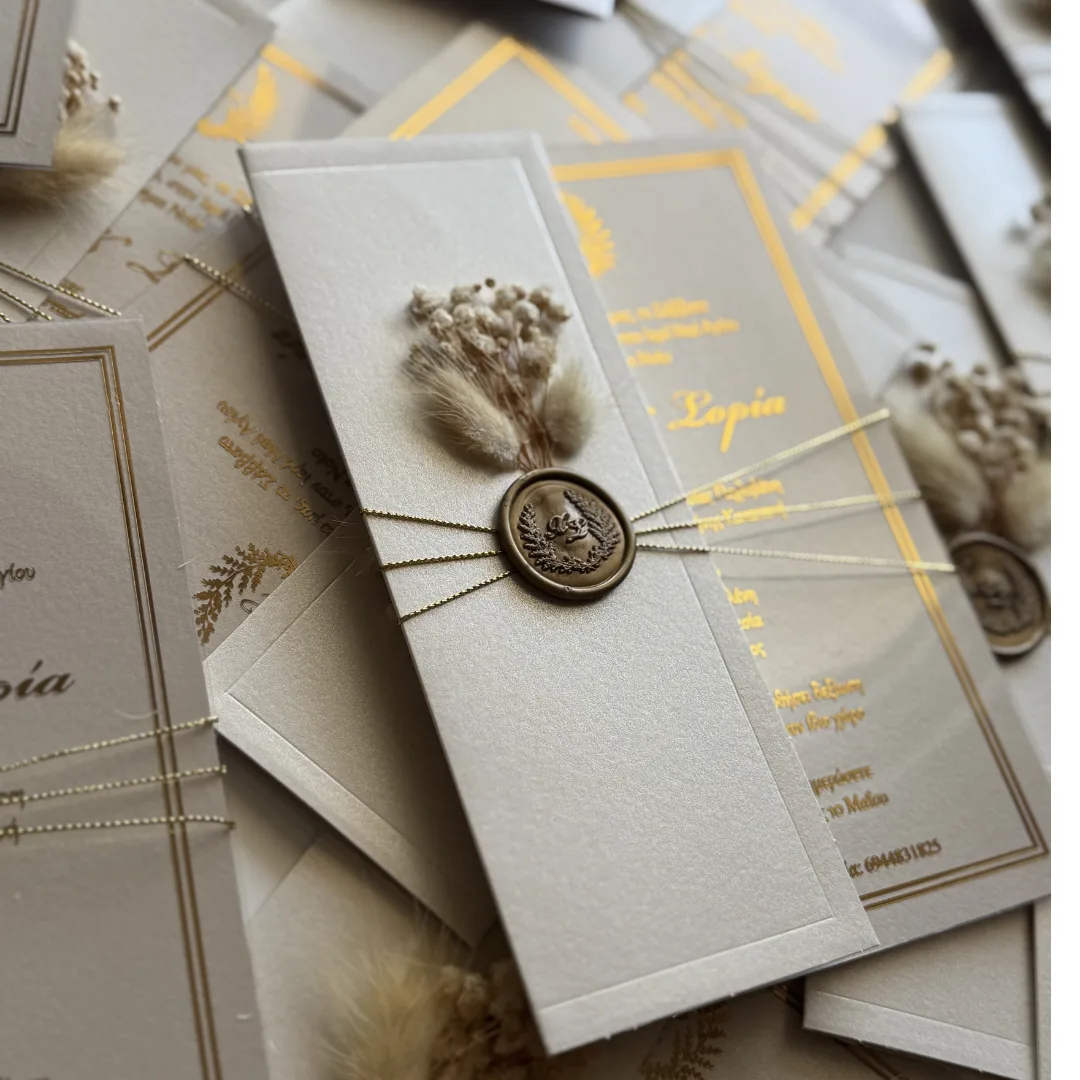 "Boho Gold" – Προσκλητήριο Γάμου με Φυσικά Στοιχεία, Βουλοκέρι& Χρυσοτυπία