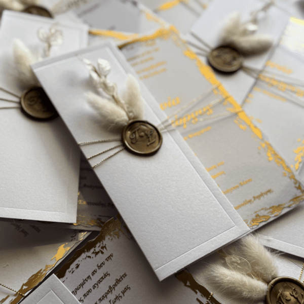 "Boho Gold V2" – Προσκλητήριο Γάμου με Φυσικά Στοιχεία, Βουλοκέρι & Χρυσοτυπία
