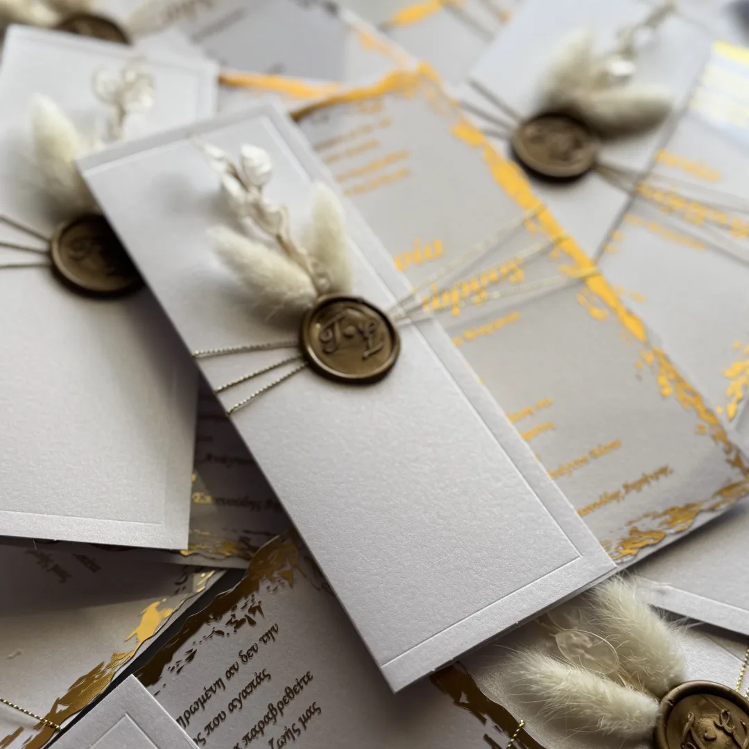 "Boho Gold V2" – Προσκλητήριο Γάμου με Φυσικά Στοιχεία, Βουλοκέρι & Χρυσοτυπία
